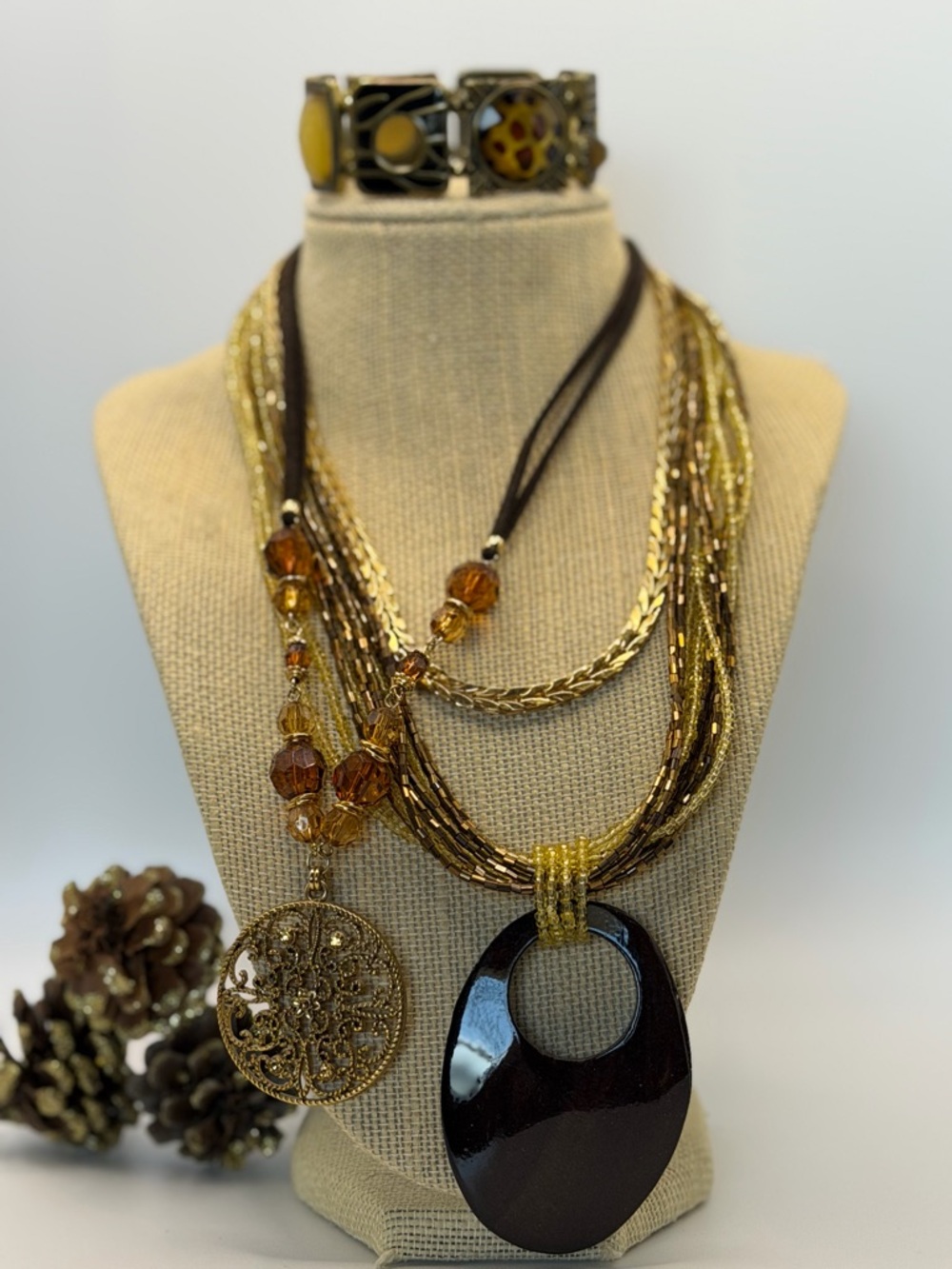 Bundle of 4- Multi-Strand Brown and Gold Pendant Necklace with Filigree Charm - - Picture 7 of 10